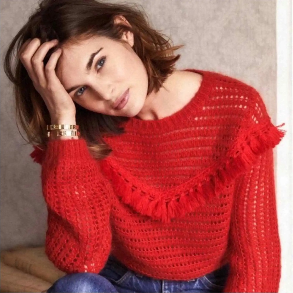 Sezane Bright Red Crochet Knit Fringe Tassel Sweater Top Shirt Pullover Jumper
